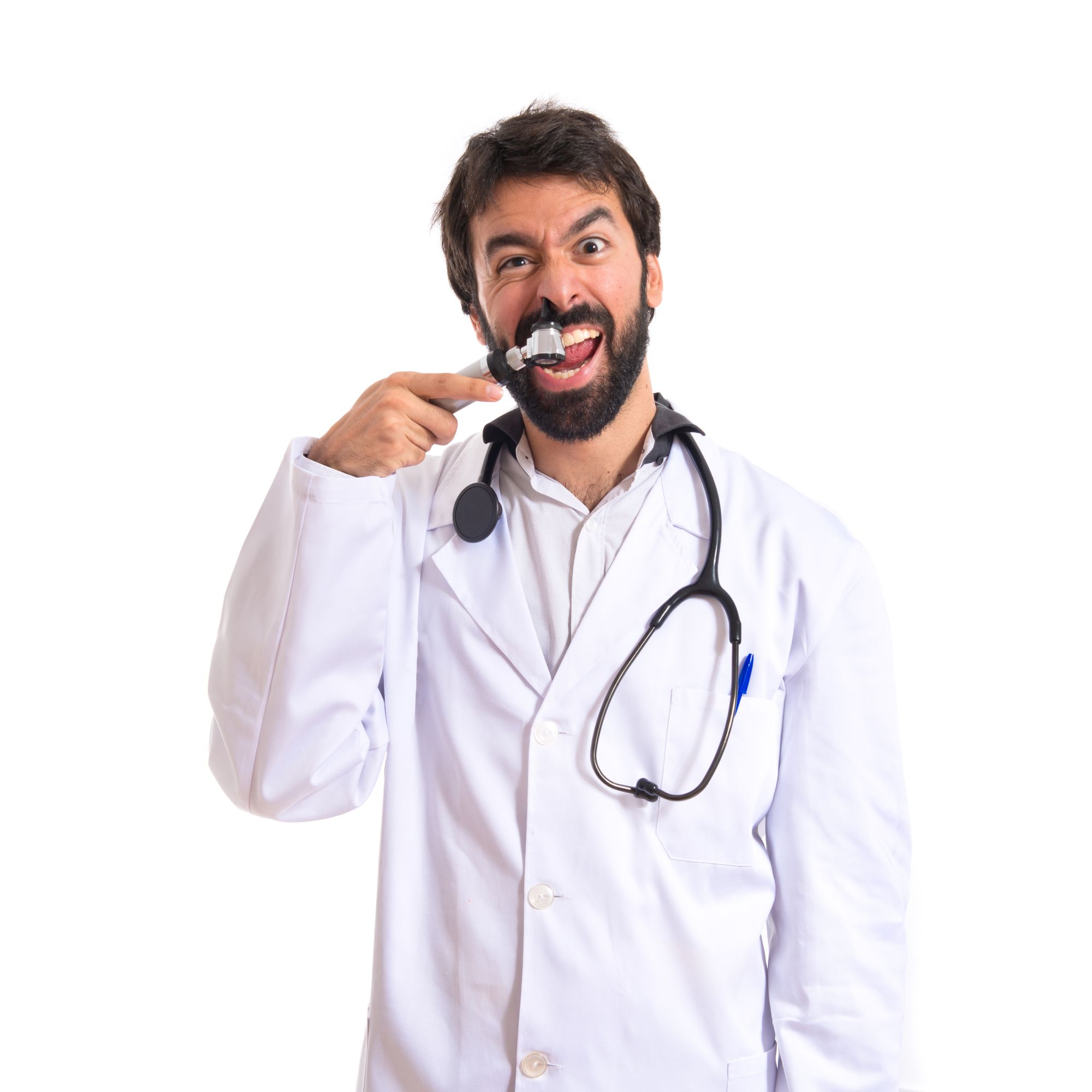 A male doctor with a beard being silly by putting an otoscope up his right nostril and grinning.