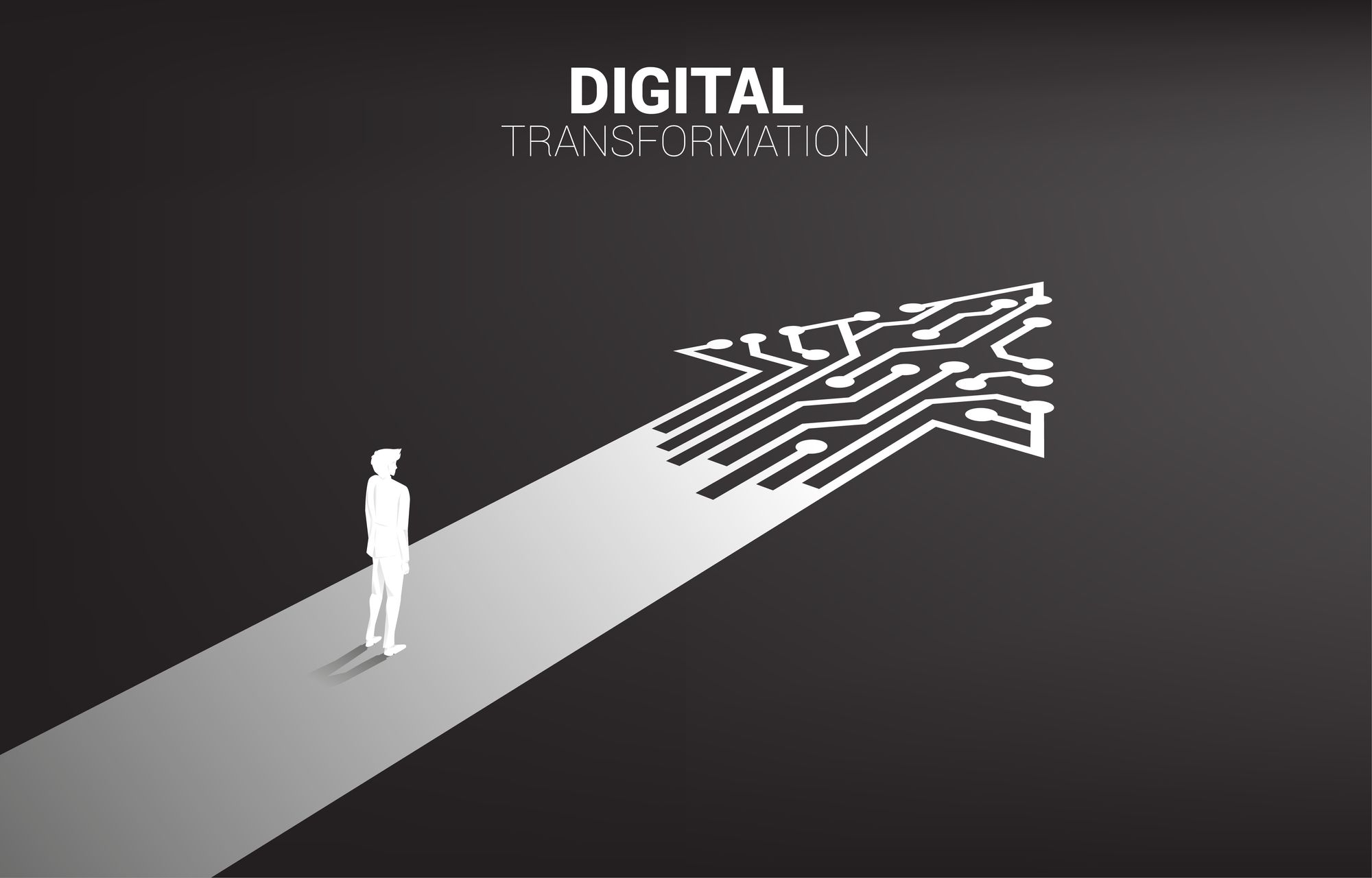 An image of a person standing on an arrow signifying digital transformation is ahead of them.